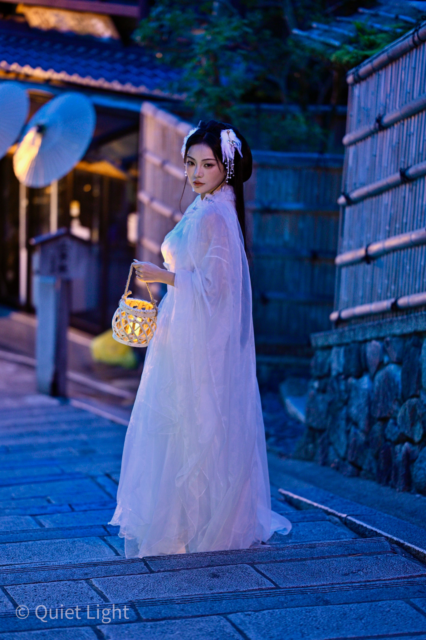 Model in flowing white dress holding lantern, turning back on stone steps.